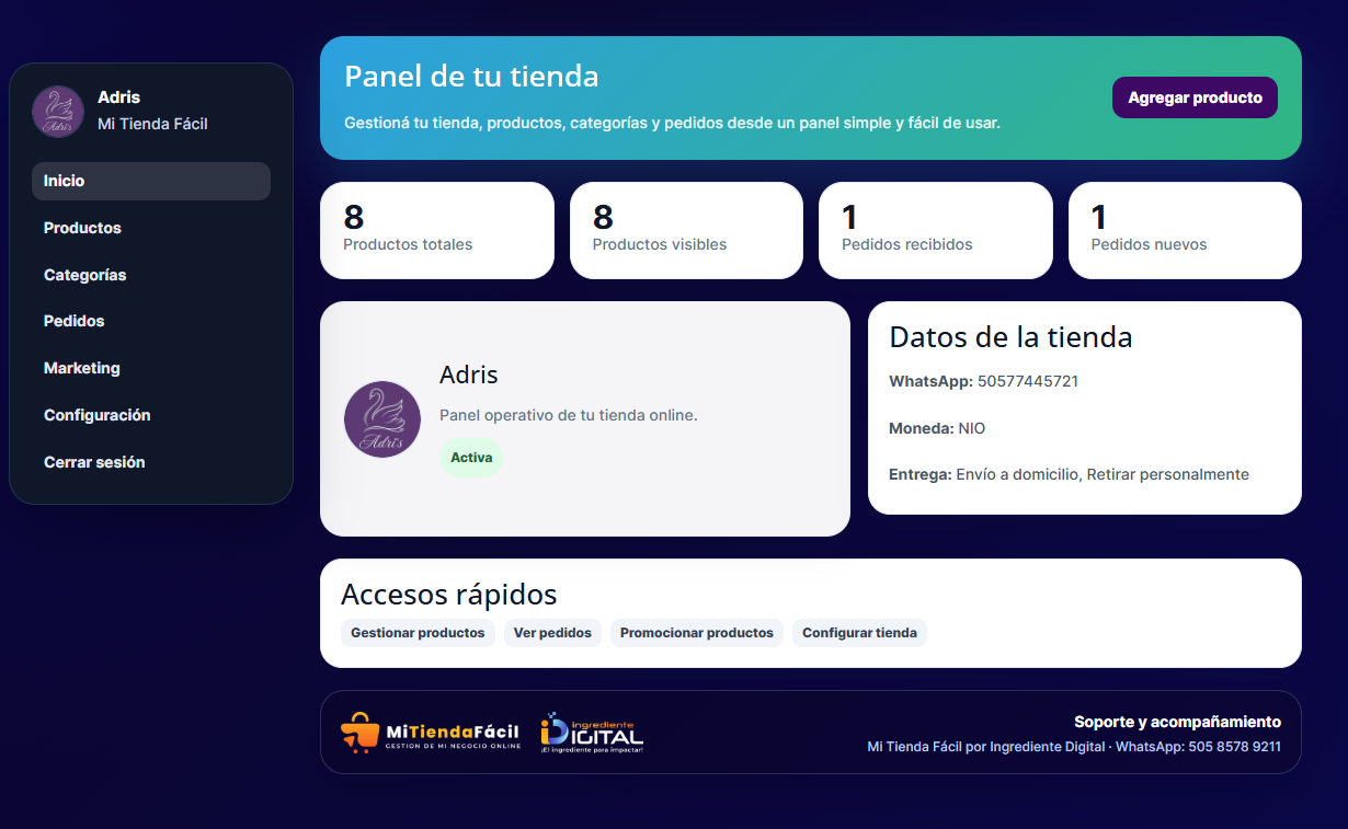 panel gestion tienda
